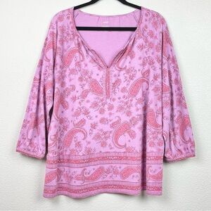 J.Jill Pure Jill Women's Medium Split Neck Border-Printed Top Pink Purple Modal
